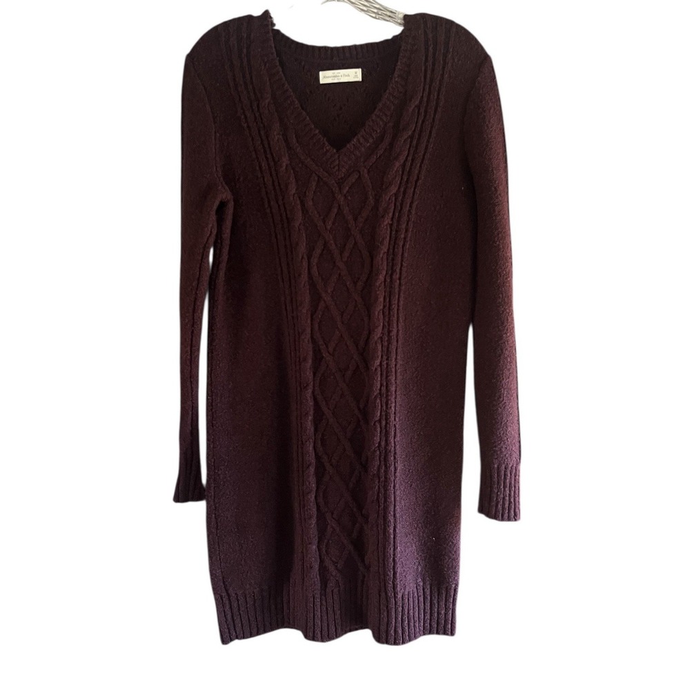 Abercrombie & Fitch‎ Sz M Sweater Dress Cable Knit Maroon V Neck LS Fall